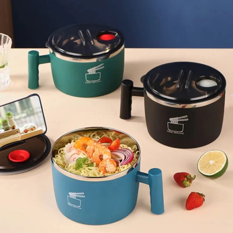 Stainless Steel Bowl with Lid for Instant Noodles Sealed and Portable Drain Bowl for Kitchen Utensils Instant Noodle Partner