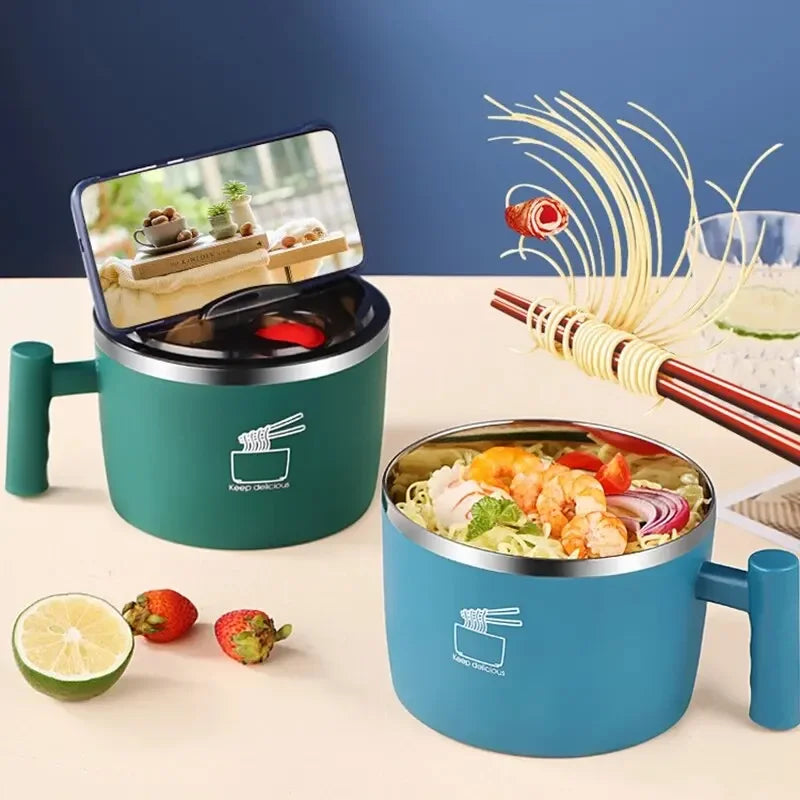 Stainless Steel Bowl with Lid for Instant Noodles Sealed and Portable Drain Bowl for Kitchen Utensils Instant Noodle Partner